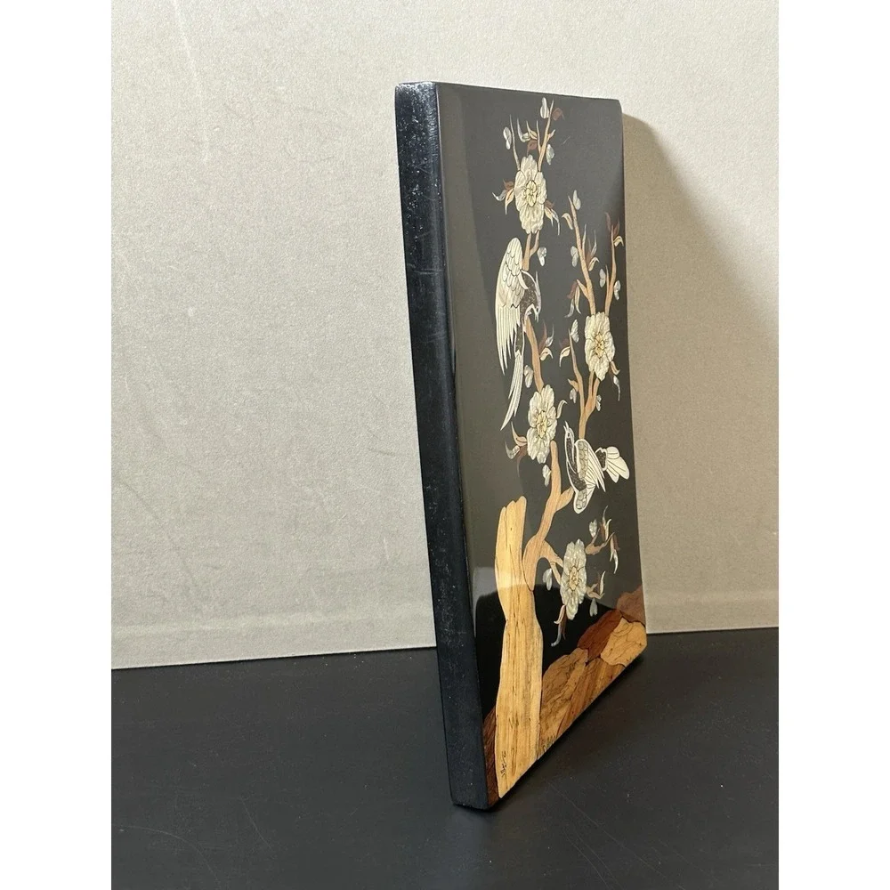 wall décor Signed mother of pearl and wood inlaid picture of birds‎